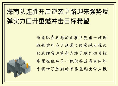 海南队连胜开启逆袭之路迎来强势反弹实力回升重燃冲击目标希望