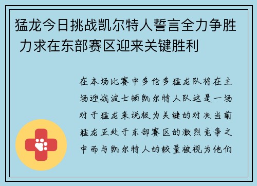 猛龙今日挑战凯尔特人誓言全力争胜 力求在东部赛区迎来关键胜利