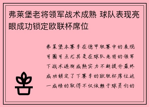 弗莱堡老将领军战术成熟 球队表现亮眼成功锁定欧联杯席位