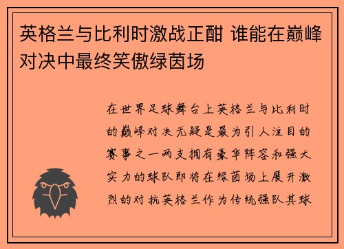 英格兰与比利时激战正酣 谁能在巅峰对决中最终笑傲绿茵场